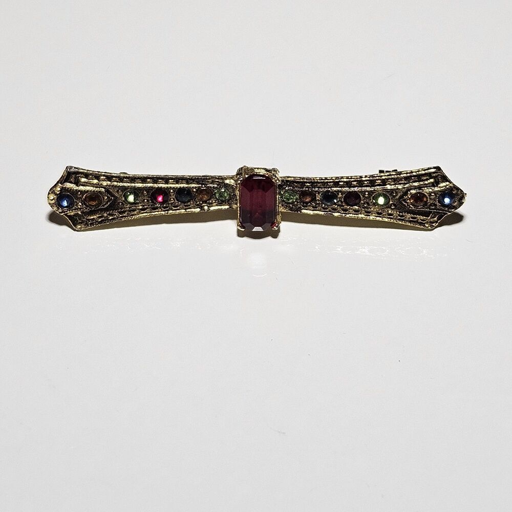 Vintage Gold Tone Bar Brooch Red Rhinestone Multicolored Accents
